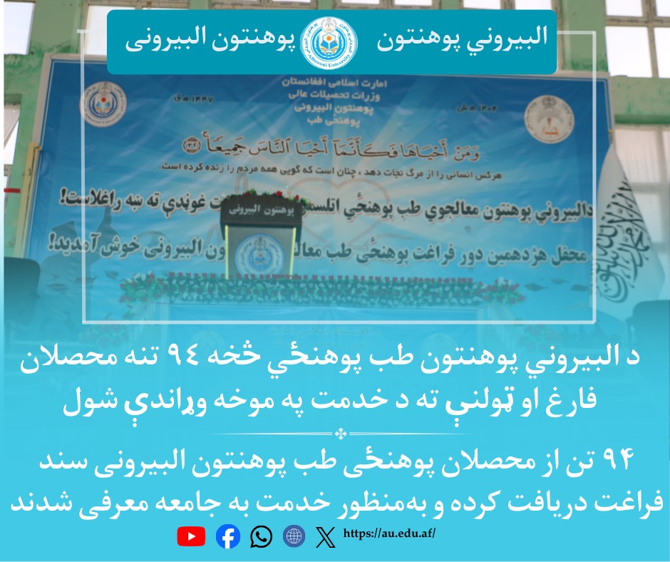 جشن فراغت 92 تن از محصلین طب پوهنتون البیرونی